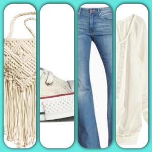Jeans a zampa, blouse, tracolla in macramè firmato H&M; Converse Chuck Taylor All Star